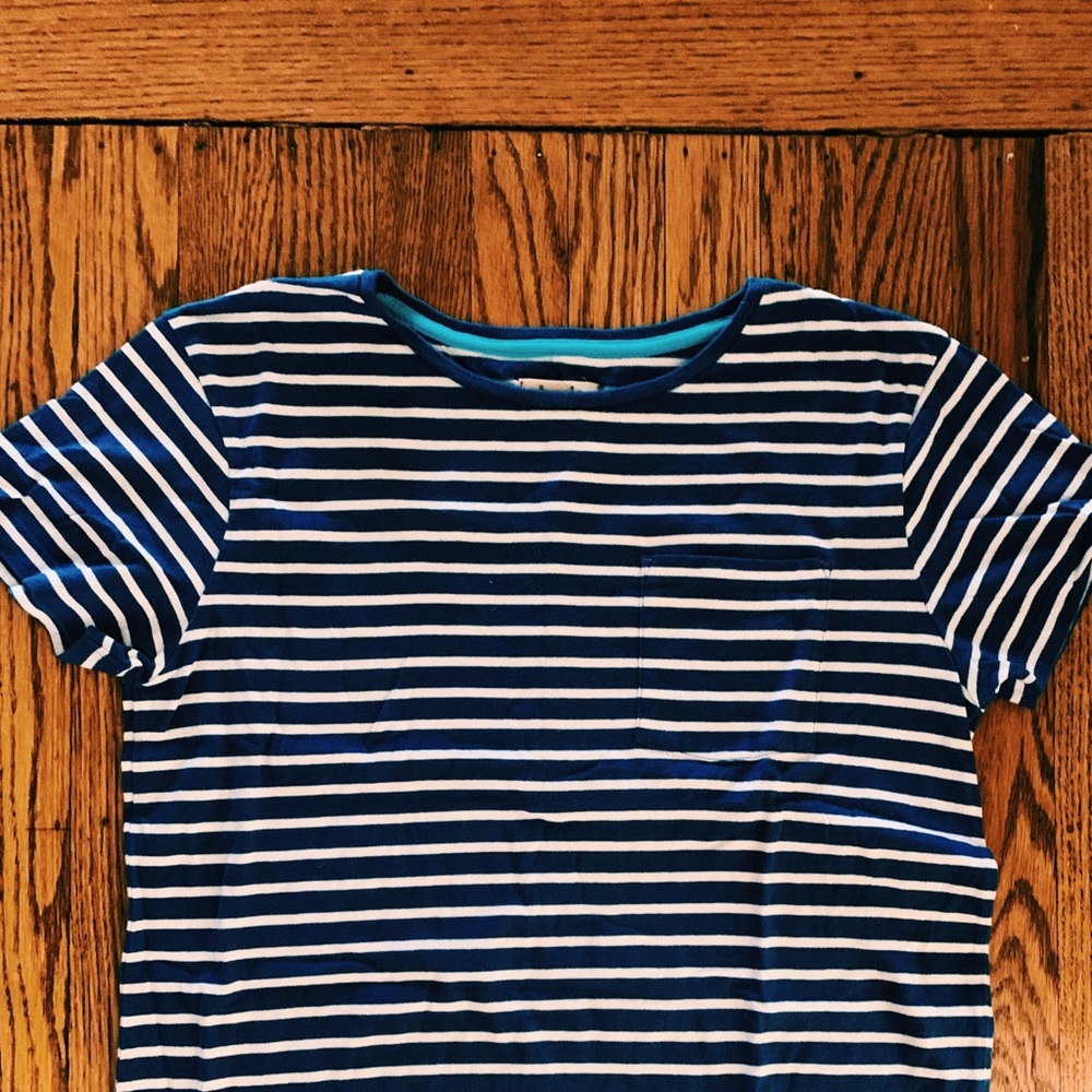 blue and white striped tee with pink fringe